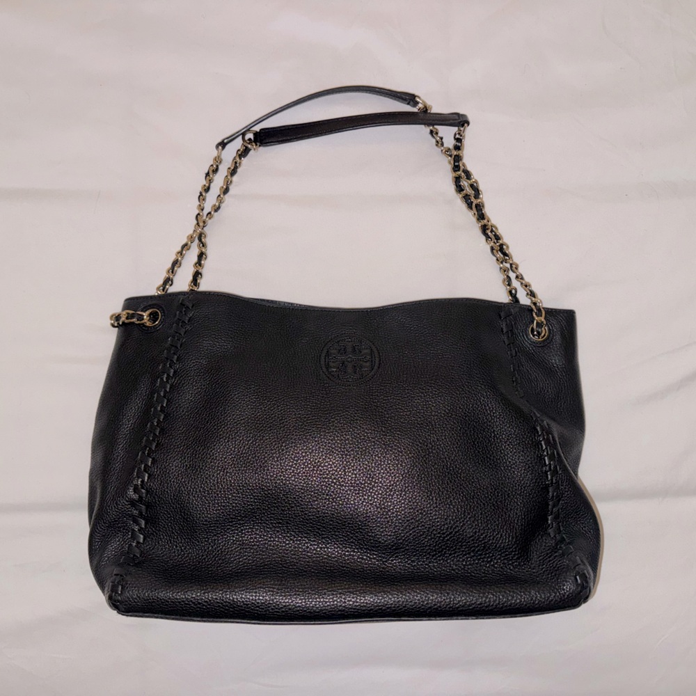 Authentic Tory Burch Black Purse. Braided trim. Gold chain. Like new condition